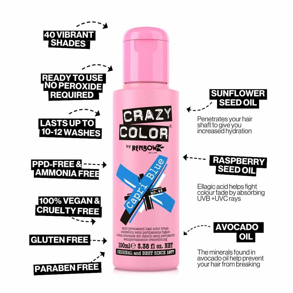Crazy Color Semi Permanent Hair Colour Cream - Capri Blue 100ml Crazy Color Semi Permanent Hair Colour Cream - Capri Blue 100ml