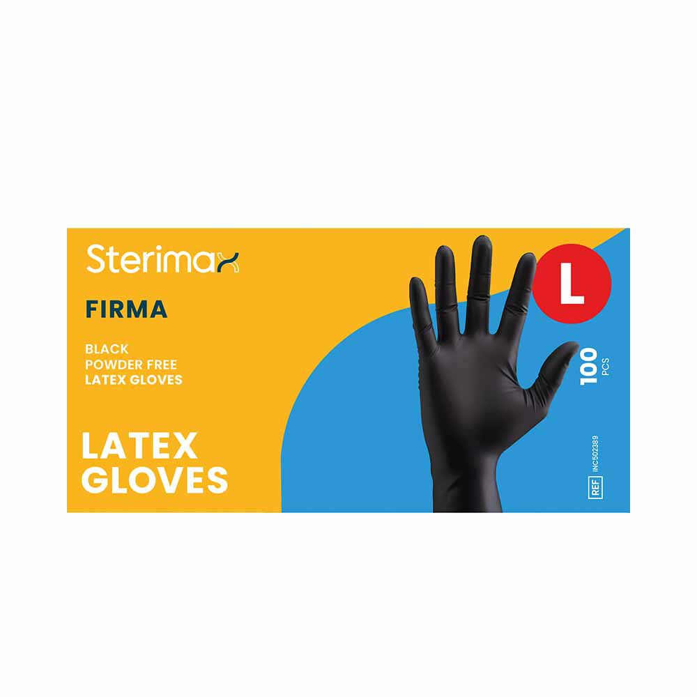 Sterimax Firma&reg; Latex Disposable Black Gloves - Large, Pack of 100