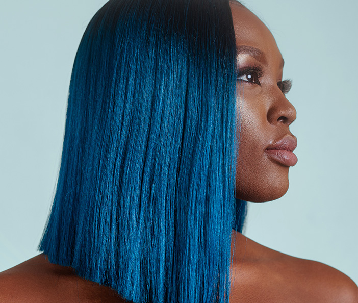 model with blue hair and curly mowhawk, Wunderbar Semi-permanent Blue